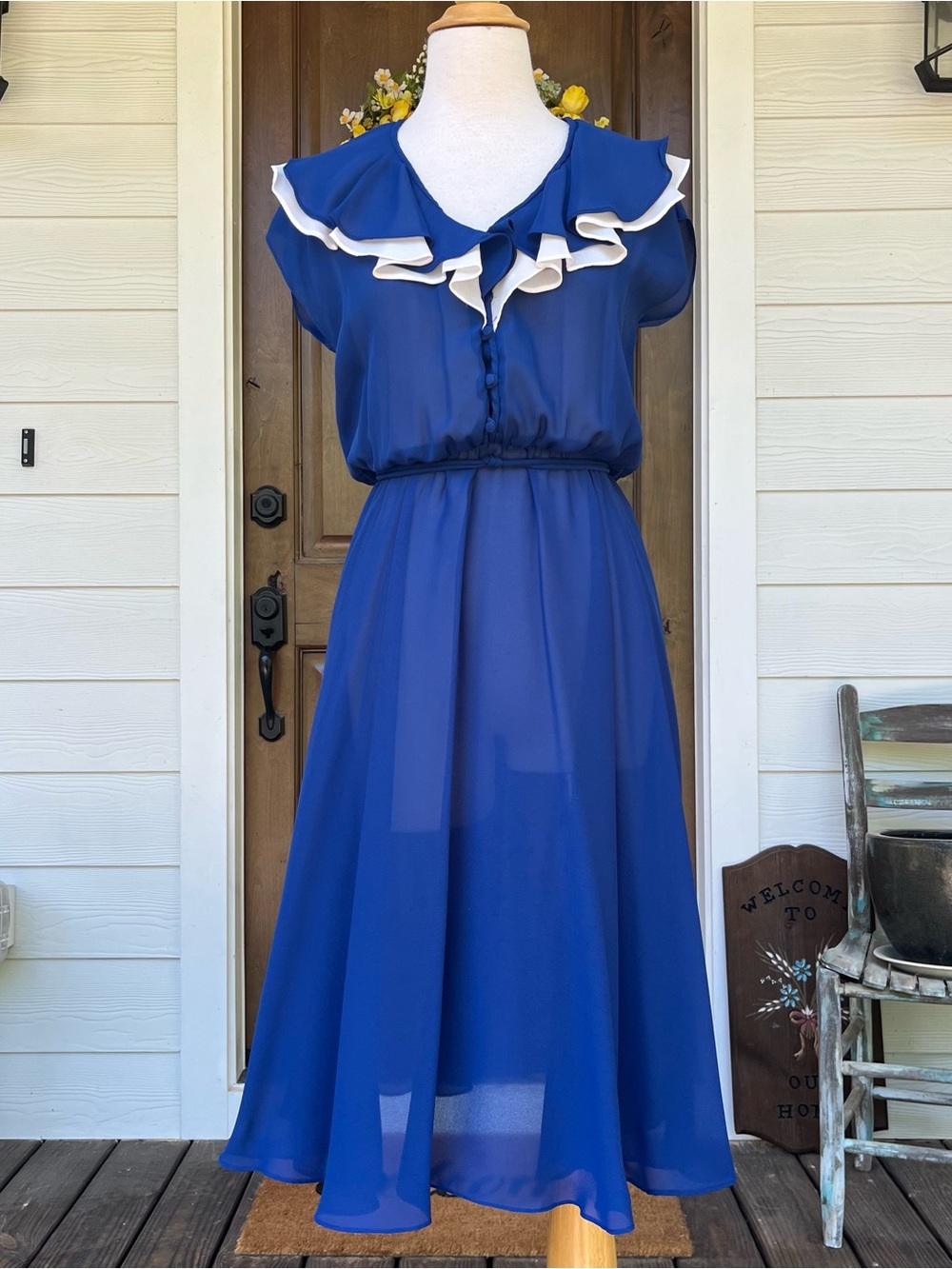Vintage 1970s Leslie Fay Blue Chiffon Midi Dress - Double Ruffle Collar